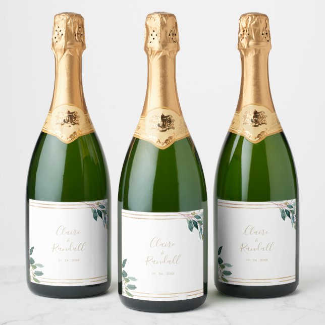 Étiquettes Pour Bouteilles De Vin Mousseux Mariage Eucalyptus Géométrique Or (Bouteilles)