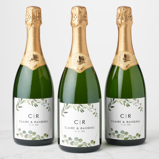 Étiquettes Pour Bouteilles De Vin Mousseux Mariage Eucalyptus vert géométrique or (Bouteilles)