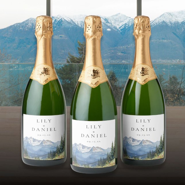 Étiquettes Pour Bouteilles De Vin Mousseux Mariage Fleur sauvage moderne Watercolor Mountain (Modern Watercolor Mountain Wildflower Wedding Sparkling Wine Label)