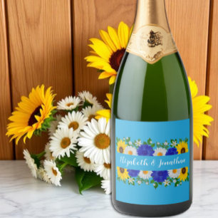 Étiquettes Pour Bouteilles De Vin Mousseux Mariage Floral bleu ciel d'été