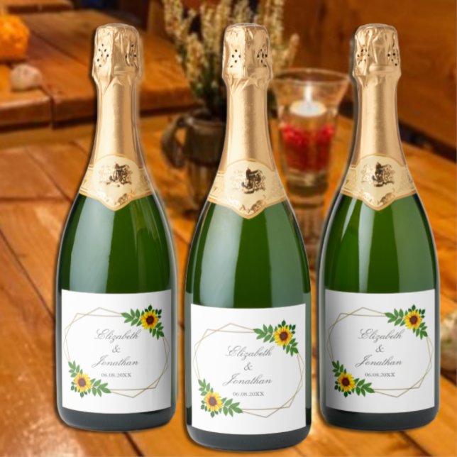 Étiquettes Pour Bouteilles De Vin Mousseux Mariage géométrique tournesol (Créateur téléchargé)