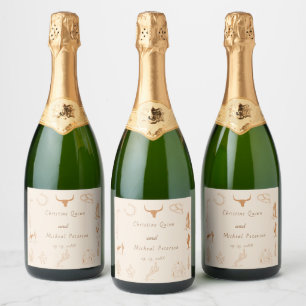 Étiquettes Pour Bouteilles De Vin Mousseux Mariage Illustration Bohème Occidental Cowboy