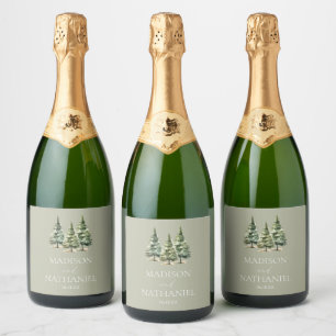 Étiquettes Pour Bouteilles De Vin Mousseux Mariage minimaliste de la forêt de pins neigeux d'