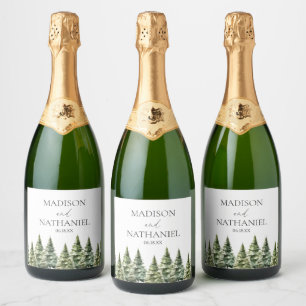 Étiquettes Pour Bouteilles De Vin Mousseux Mariage minimaliste de la forêt de pins neigeux d'