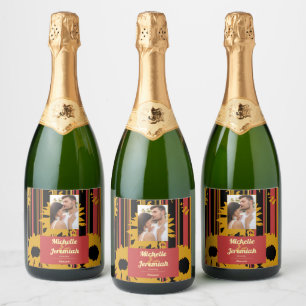 Étiquettes Pour Bouteilles De Vin Mousseux Mariage Moderne au Tournesol Coucher de Soleil Cor