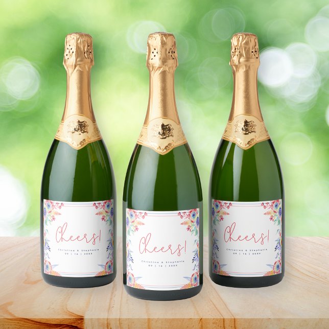 Étiquettes Pour Bouteilles De Vin Mousseux Mariage moderne Rainbow Floral LGBTQ (Créateur téléchargé)
