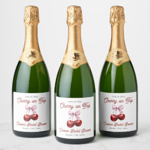 Étiquettes Pour Bouteilles De Vin Mousseux Mariage Moderne Rose Cerise avec un Nœud Rose pour