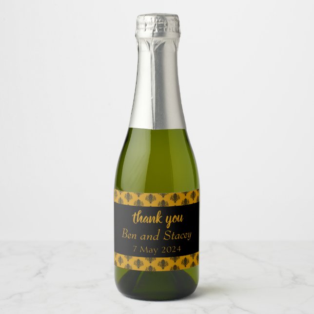 Étiquettes Pour Bouteilles De Vin Mousseux Mariage noir damassé brun (Devant)
