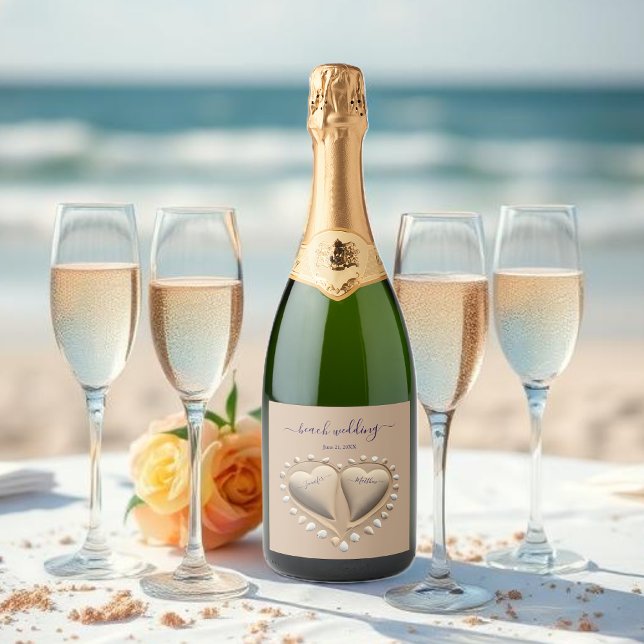 Étiquettes Pour Bouteilles De Vin Mousseux Mariage plage Coeurs de sable (Beach Wedding Sand Hearts Sparkling Wine Label )