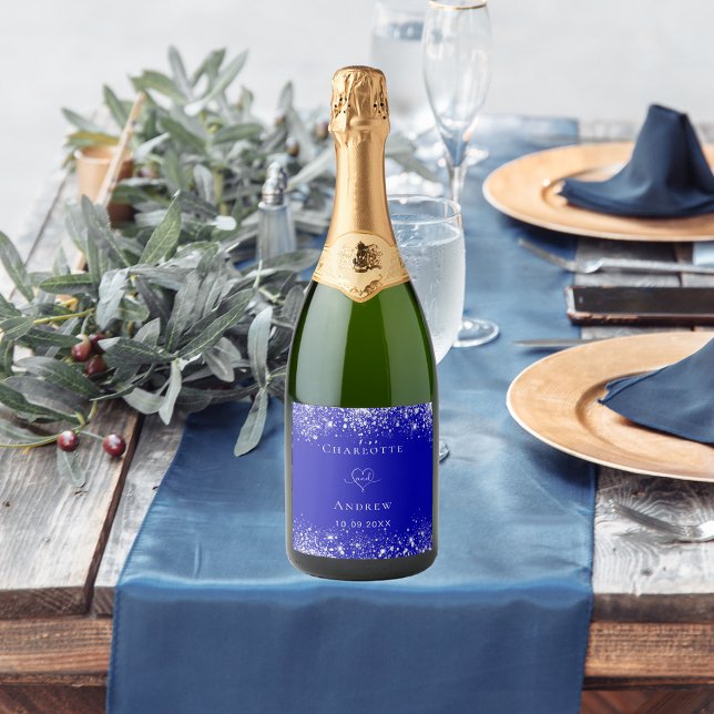 Étiquettes Pour Bouteilles De Vin Mousseux Mariage royal bleu argent parties scintillant mari (Créateur téléchargé)