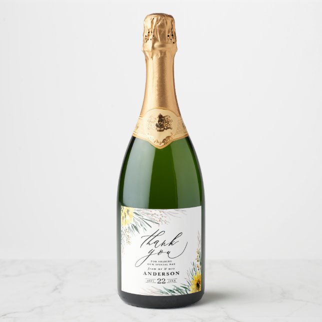 Étiquettes Pour Bouteilles De Vin Mousseux Merci pays rustique tournesol eucalyptus chic (Devant)