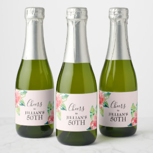 Étiquettes Pour Bouteilles De Vin Mousseux Mini floral aquarelle rose hibiscus tropical