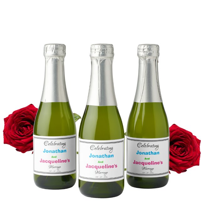 Étiquettes Pour Bouteilles De Vin Mousseux Mini-Mini Mariage minimaliste moderne coloré (For a Modern Minimalist Wedding - Colorful Script Mini Sparkling Wine Labels)