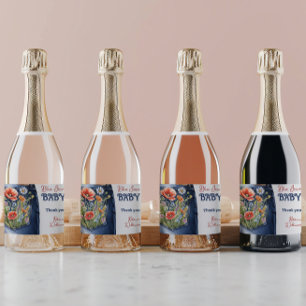 Étiquettes Pour Bouteilles De Vin Mousseux Moderne Floral Rouge Bleu Denim Bleu Jean Baby sho