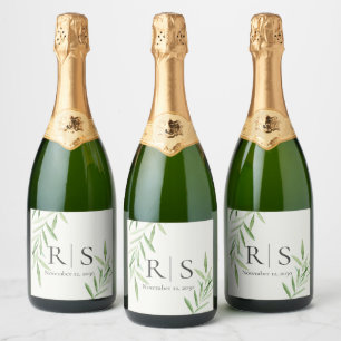 Étiquettes Pour Bouteilles De Vin Mousseux Monogramme botanique élégant de saule à l'aquarell