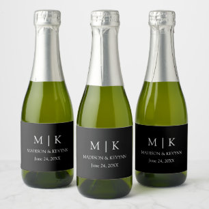 Étiquettes Pour Bouteilles De Vin Mousseux Monogramme minimaliste moderne Mariage noir Mini