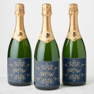 Étiquettes Pour Bouteilles De Vin Mousseux Monogramme vintage or et bleu marine Élégant