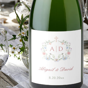 Étiquettes Pour Bouteilles De Vin Mousseux Monogrammes de mariage religieux à cadre floral