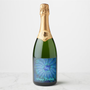 Étiquettes Pour Bouteilles De Vin Mousseux Motif fantaisie de fleur bleue, art fractal abstra