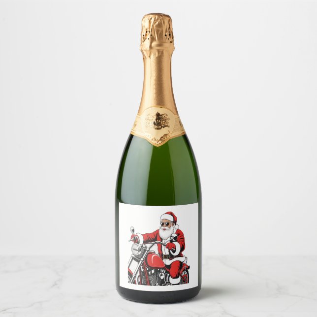 Étiquettes Pour Bouteilles De Vin Mousseux Moto à cheval père Noël (Devant)