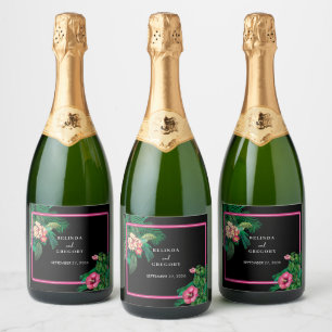 Étiquettes Pour Bouteilles De Vin Mousseux Neon Pink Tropical Retro Botanical Mariage