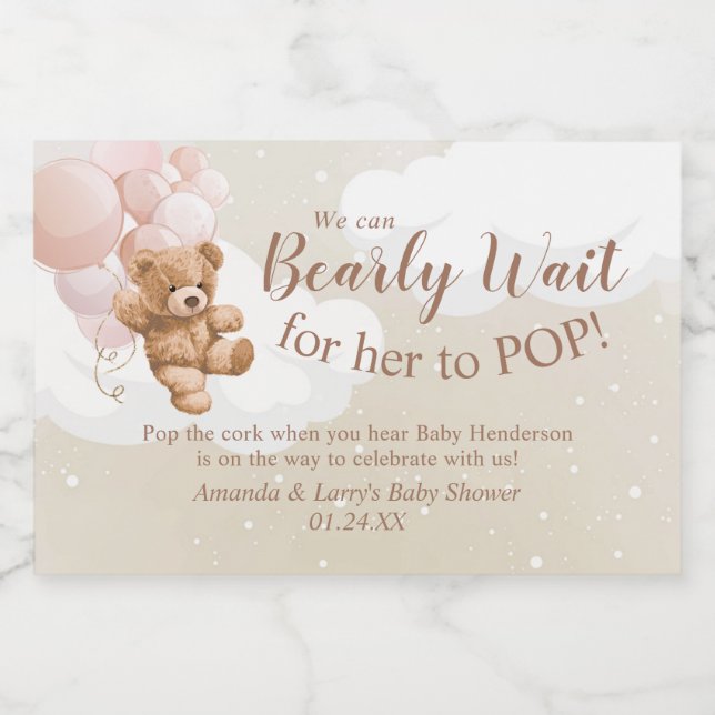 Étiquettes Pour Bouteilles De Vin Mousseux Noun ours en peluche avec ballons roses Mini vin p (Étiquettes simples)