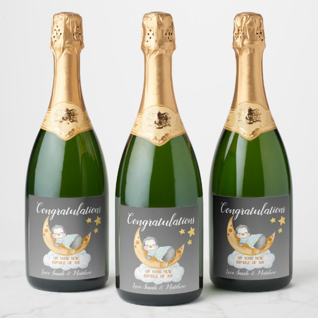 Étiquettes Pour Bouteilles De Vin Mousseux Nouveau bébé Félicitations Pingouin couché (Bouteilles)