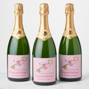 Étiquettes Pour Bouteilles De Vin Mousseux Nouvelle maison   Clé rose chic florale et rétro