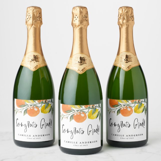 Étiquettes Pour Bouteilles De Vin Mousseux Oranges et citrons Graduation Félicitations (Bouteilles)