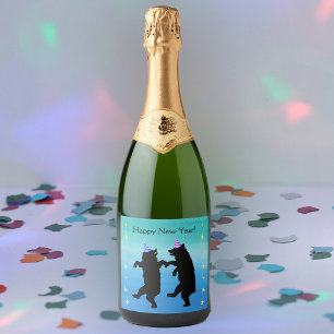 Étiquettes Pour Bouteilles De Vin Mousseux Ours de fête dansants noirs Chapeaux Étoiles brill