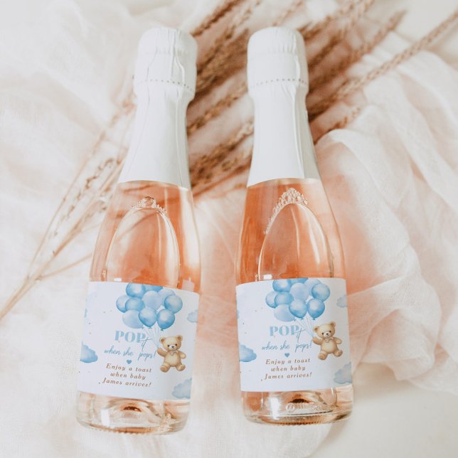 Étiquettes Pour Bouteilles De Vin Mousseux Ours en peluche bleu avec baby shower de ballons (Créateur téléchargé)