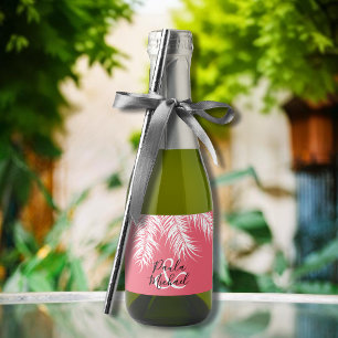 Étiquettes Pour Bouteilles De Vin Mousseux Palmiers blancs tropicaux sur Mini Mariage rose