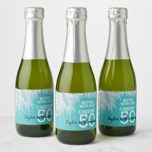 Étiquettes Pour Bouteilles De Vin Mousseux Palmiers tropicaux Anniversaire Turquoise Mini