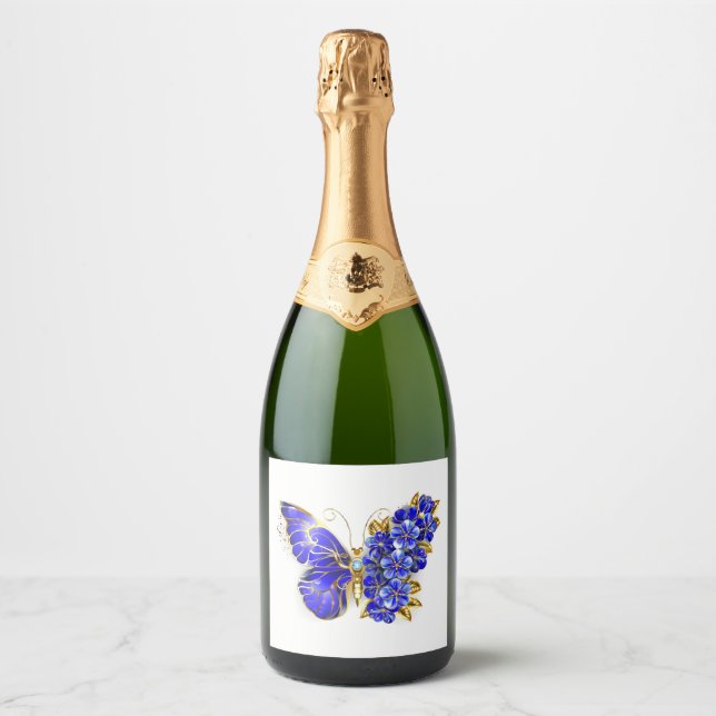 Étiquettes Pour Bouteilles De Vin Mousseux Papillon saphir à fleurs (Devant)