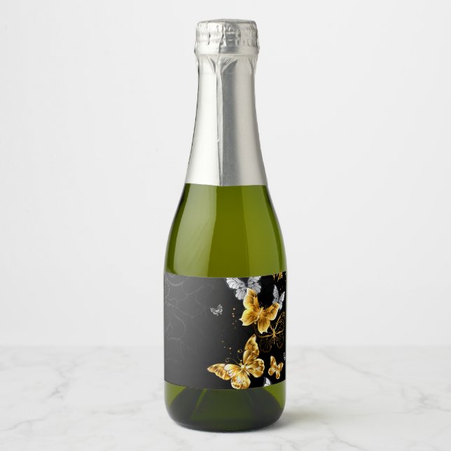 Étiquettes Pour Bouteilles De Vin Mousseux Papillons blancs et dorés (Devant)