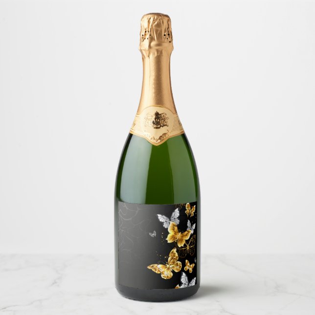 Étiquettes Pour Bouteilles De Vin Mousseux Papillons blancs et dorés (Devant)
