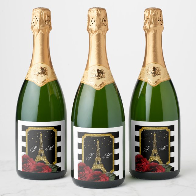 Étiquettes Pour Bouteilles De Vin Mousseux Paris Rose Tour Eiffel Bande blanche (Bouteilles)