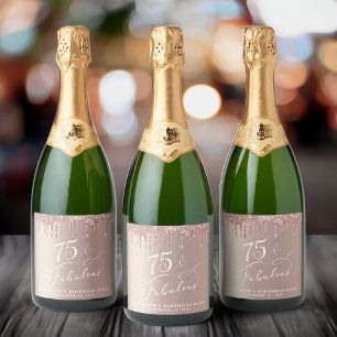 Étiquettes Pour Bouteilles De Vin Mousseux Parties scintillant d'or rose 75e fête d'anniversa