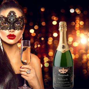 Étiquettes Pour Bouteilles De Vin Mousseux Parties scintillant en or noir mascarade fête d'an