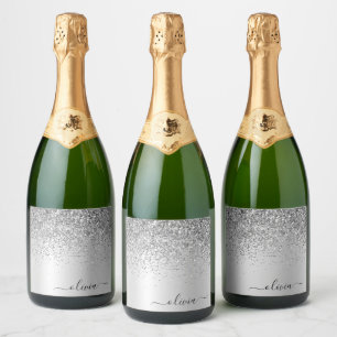 Étiquettes Pour Bouteilles De Vin Mousseux Parties scintillant Monogramme Argent Sparkle Girl