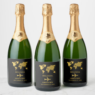 Étiquettes Pour Bouteilles De Vin Mousseux Passeport de mariage de destination Monde Noir Or