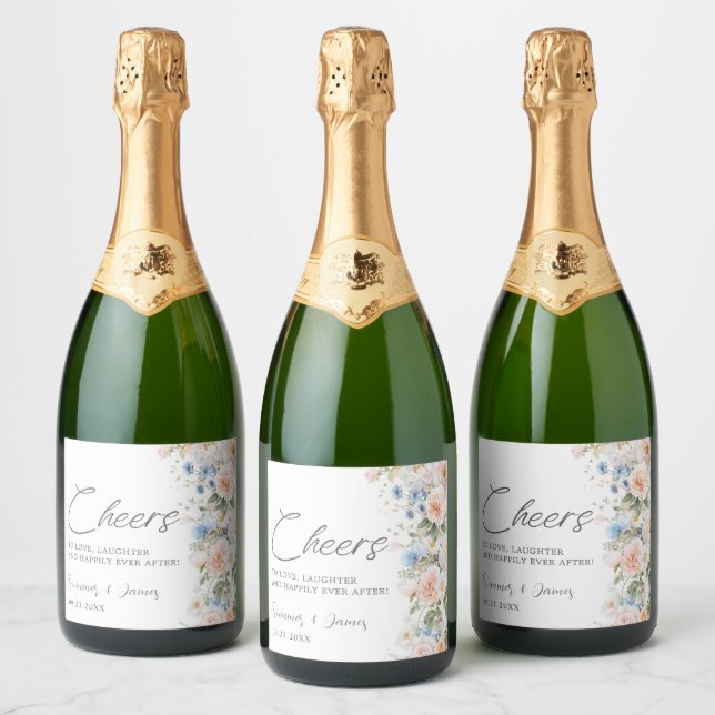 Étiquettes Pour Bouteilles De Vin Mousseux Pastel Blush Blanc Bleu Floral Mariage (Bouteilles)