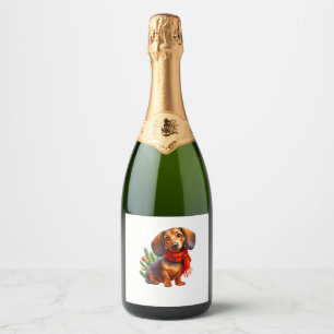 Étiquettes Pour Bouteilles De Vin Mousseux Peinture de Noël Dachshund - Doxie de Noël