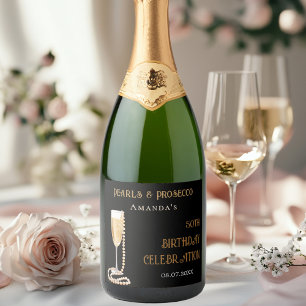 Étiquettes Pour Bouteilles De Vin Mousseux Perles d'or noir proc fête d'anniversaire