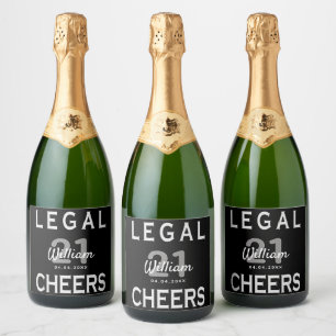 Étiquettes Pour Bouteilles De Vin Mousseux Personnalisé 21e anniversaire fête légale noir bla