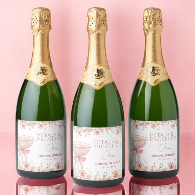 Étiquettes Pour Bouteilles De Vin Mousseux Pétales de ruban rose et prosecco rosé pour une ba (Créateur téléchargé)