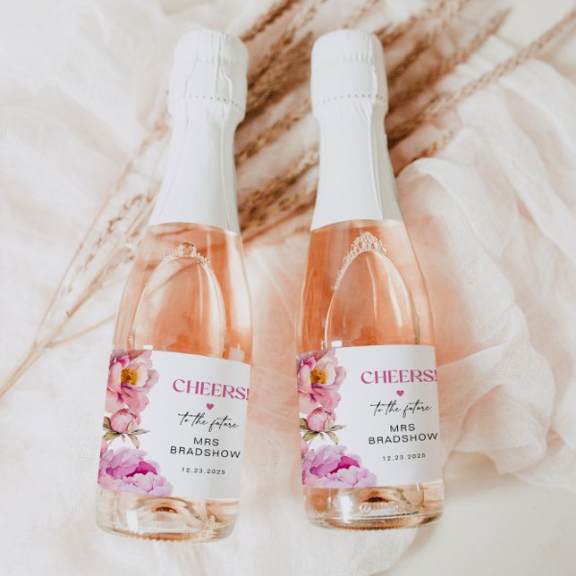 Étiquettes Pour Bouteilles De Vin Mousseux Pétales et prothèse mariée rose vif (Créateur téléchargé)
