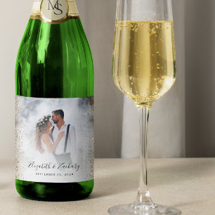 Étiquettes Pour Bouteilles De Vin Mousseux Photo de mariage à paillettes dorées