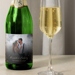 Étiquettes Pour Bouteilles De Vin Mousseux Photo de mariage à paillettes dorées foncées