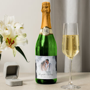 Étiquettes Pour Bouteilles De Vin Mousseux Photo de mariage agate noire argentée
